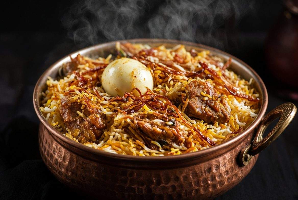 Kacchi biryani in copper handi with saffron