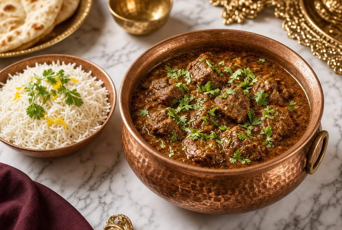 Rich lamb curry in a copper handi