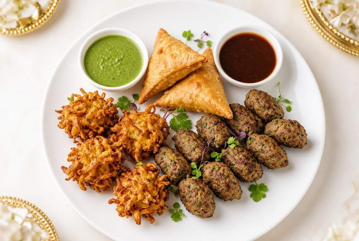 Wedding starters — samosas, bhaji and seekh kebab